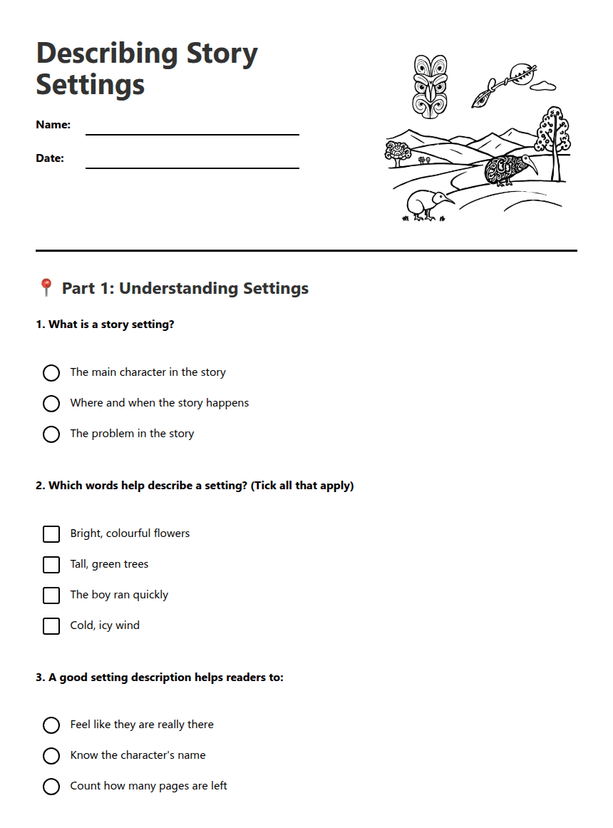 Describing Story Settings worksheet preview