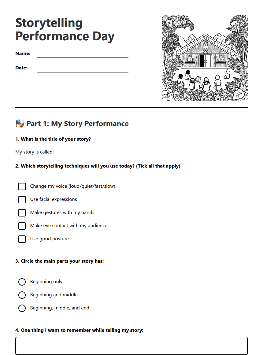Storytelling Performance Day worksheet preview