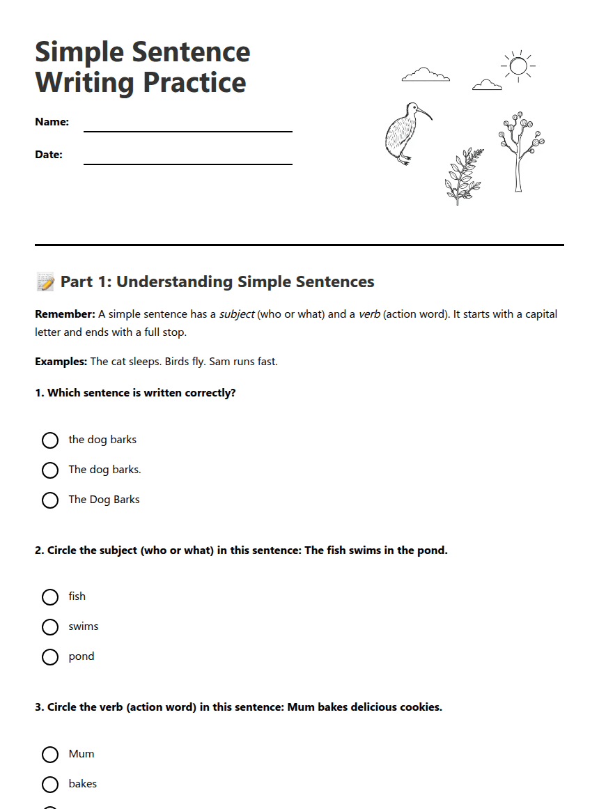 Simple Sentence Writing Practice worksheet preview