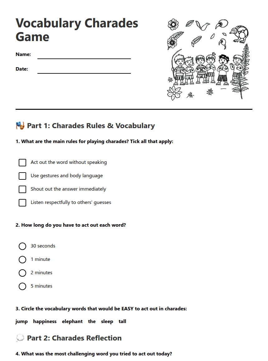 Vocabulary Charades Game worksheet preview