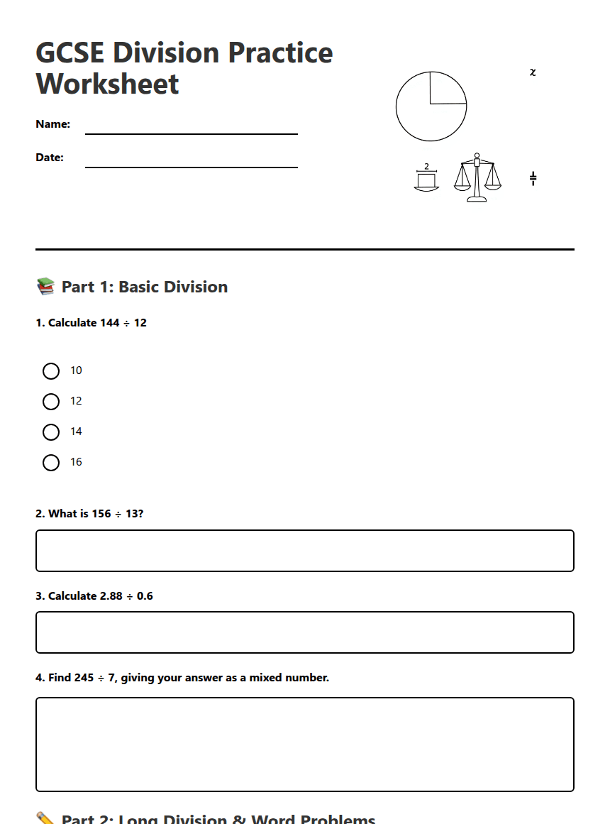 GCSE Division Practice Worksheet worksheet preview