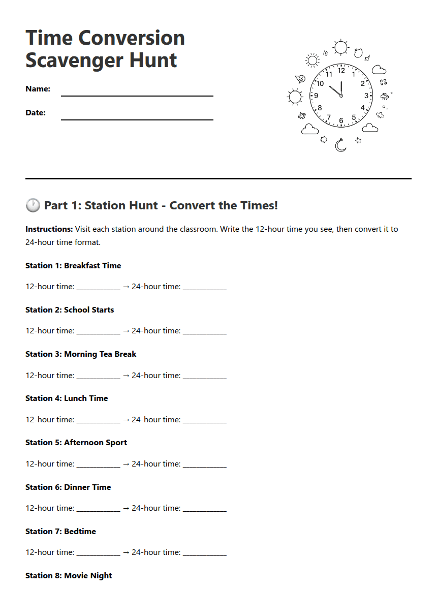 Time Conversion Scavenger Hunt worksheet preview