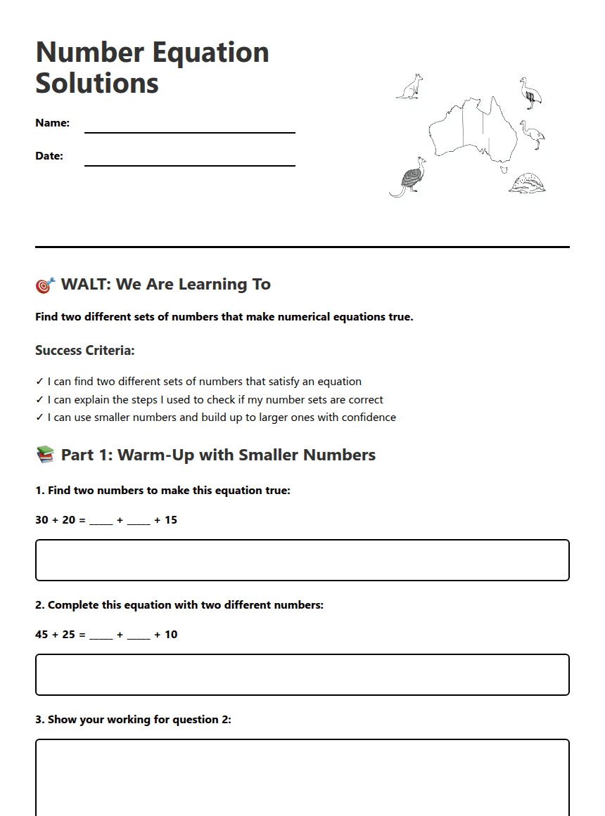 Number Equation Solutions worksheet preview