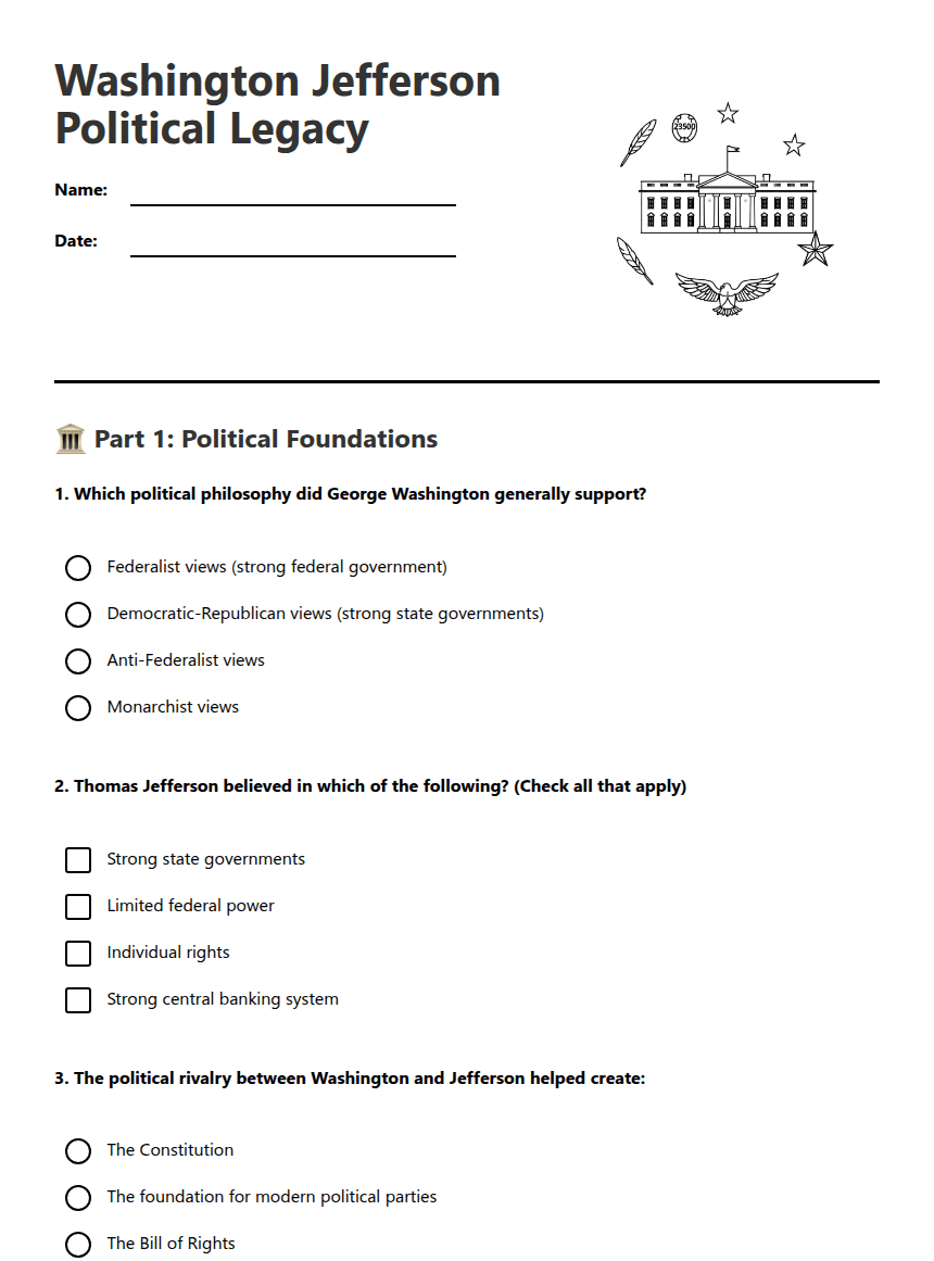 Washington Jefferson Political Legacy worksheet preview
