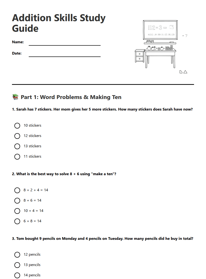 Addition Skills Study Guide worksheet preview
