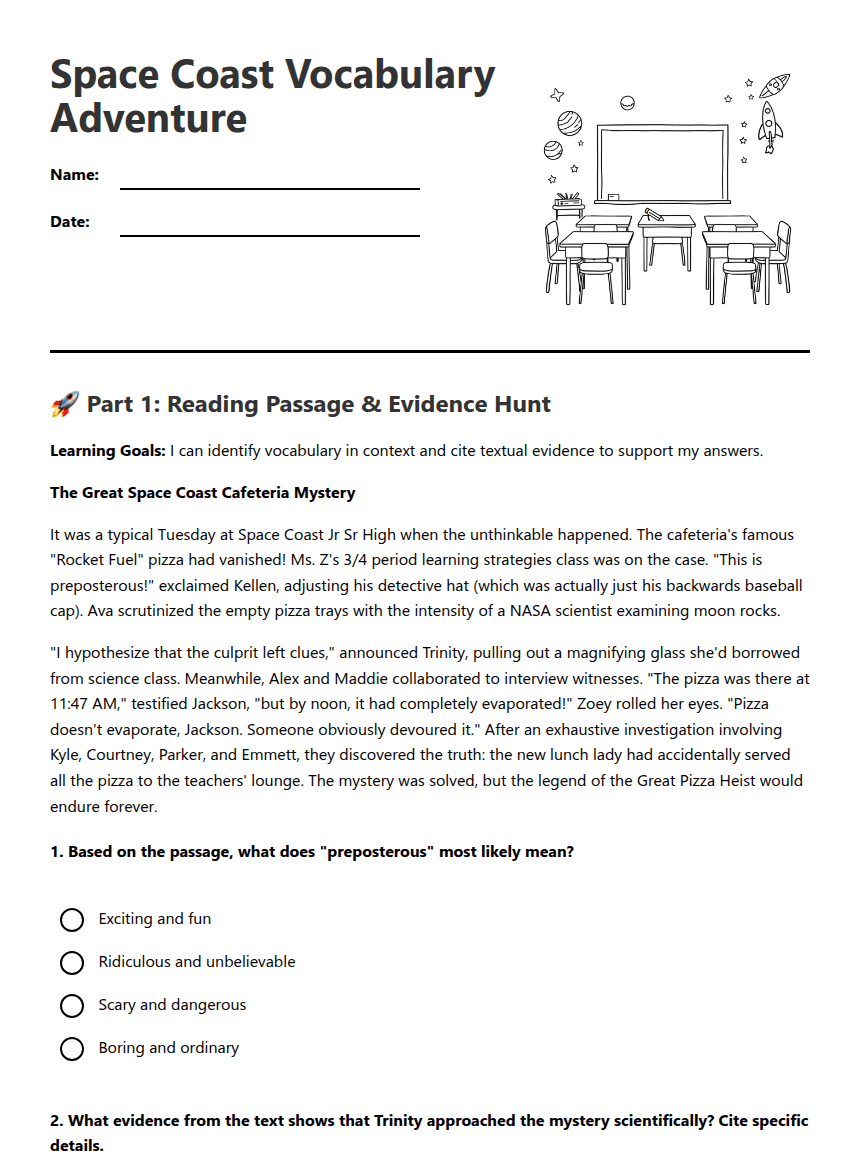Space Coast Vocabulary Adventure worksheet preview