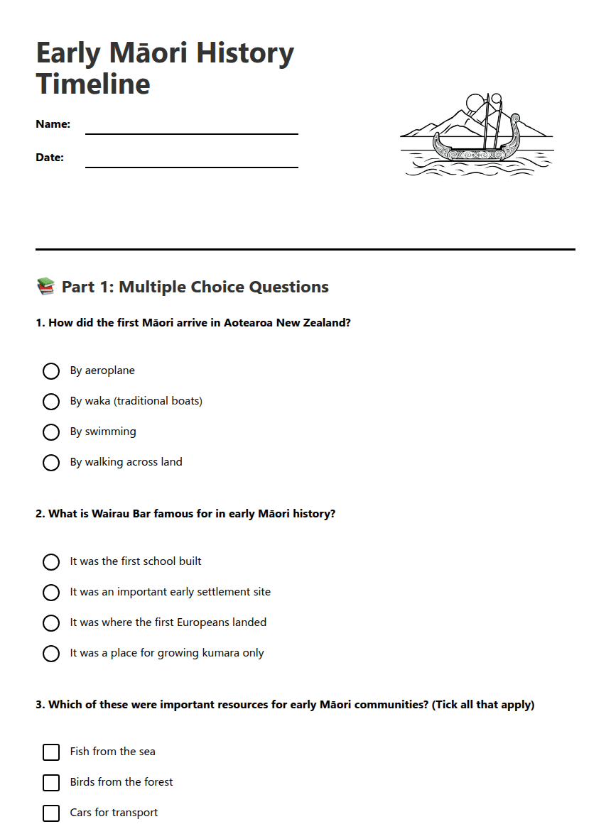 Early Māori History Timeline worksheet preview