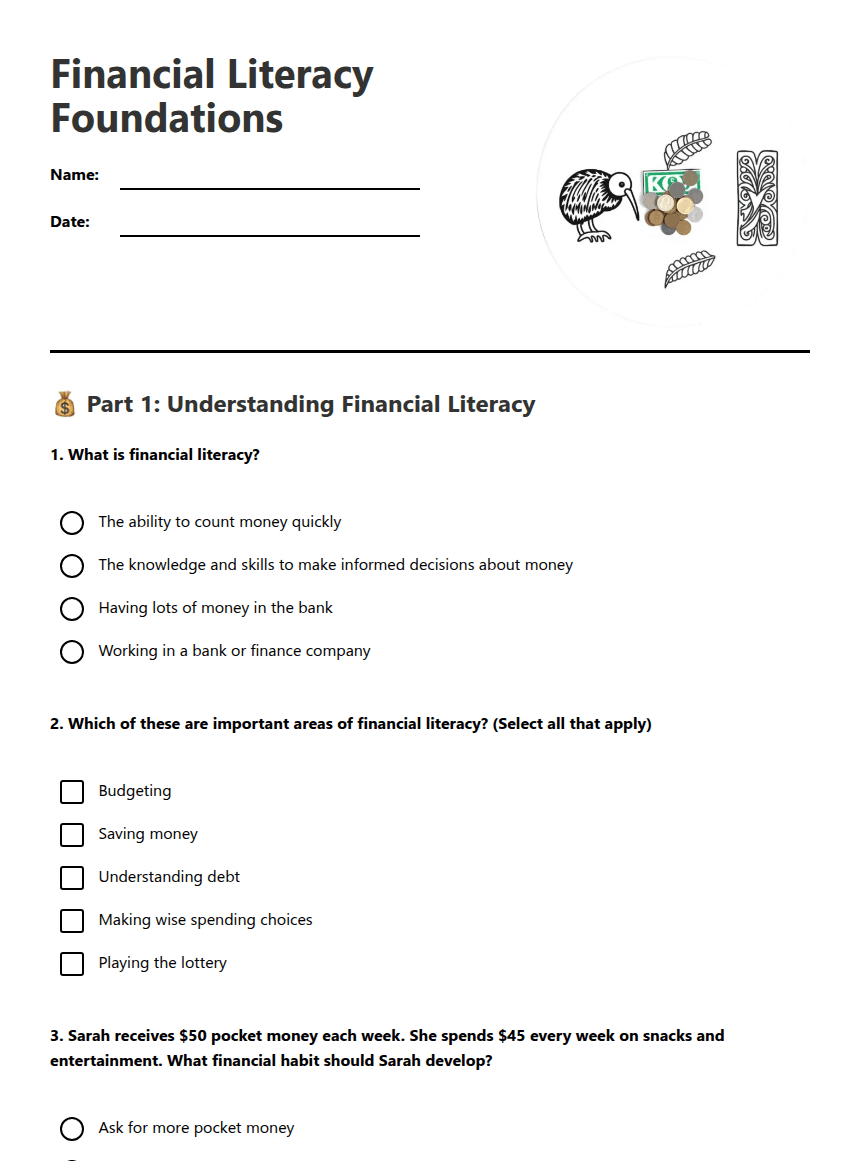 Financial Literacy Foundations worksheet preview