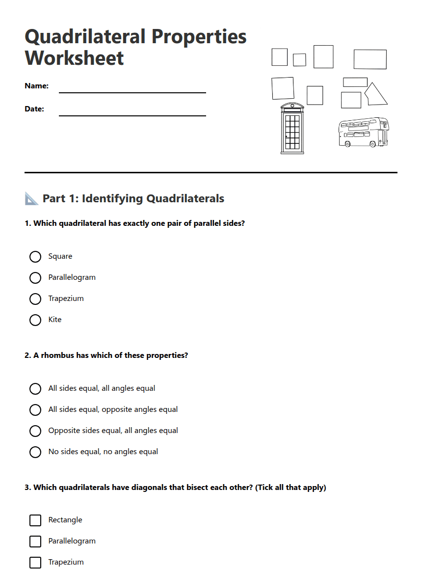 Quadrilateral Properties Worksheet worksheet preview