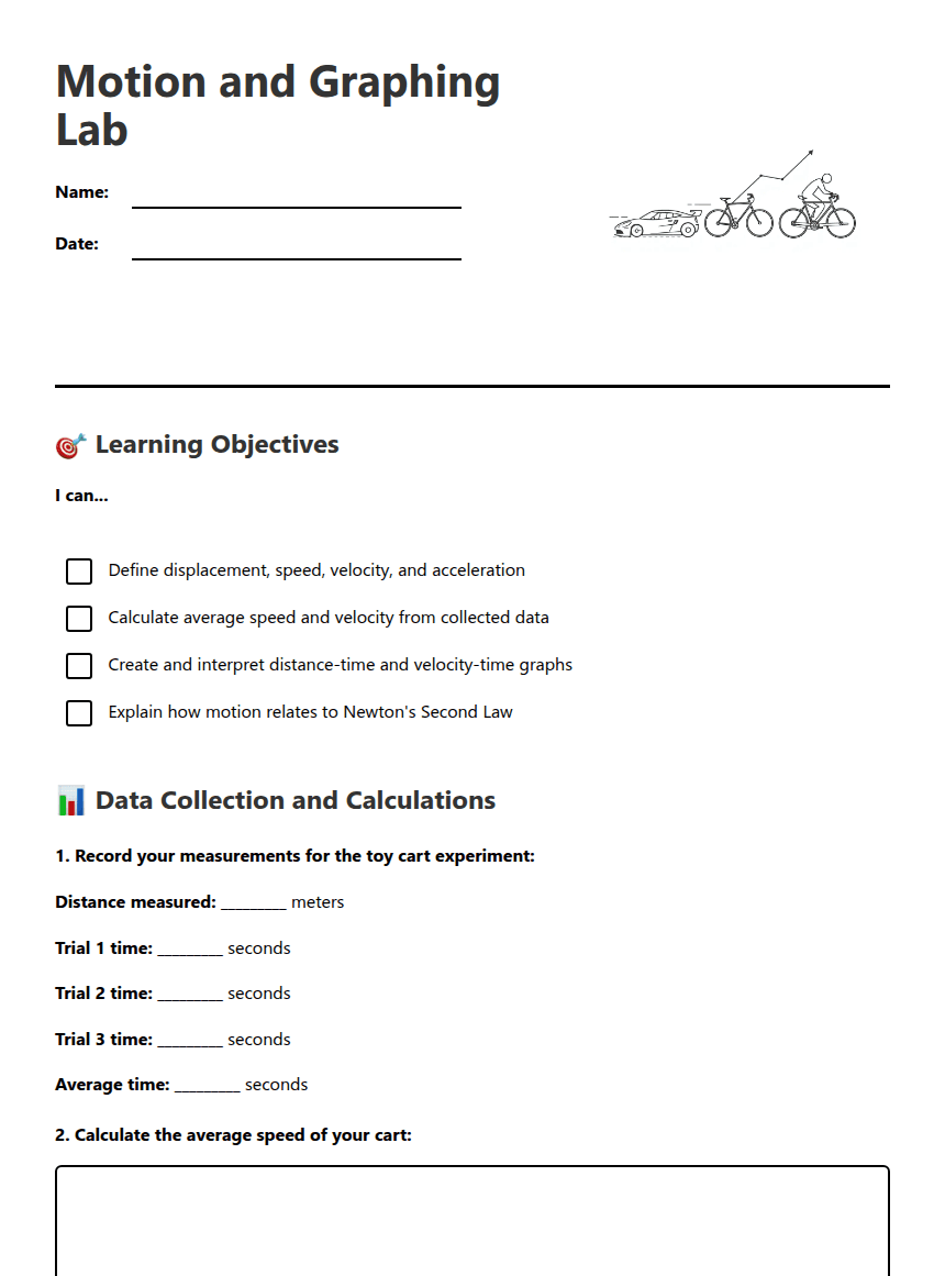 Motion and Graphing Lab worksheet preview