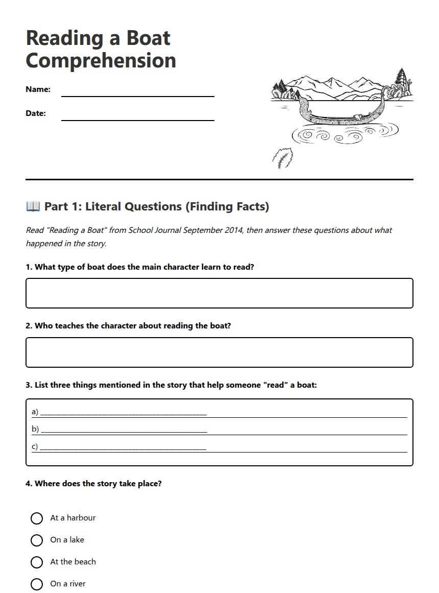 Reading a Boat Comprehension worksheet preview