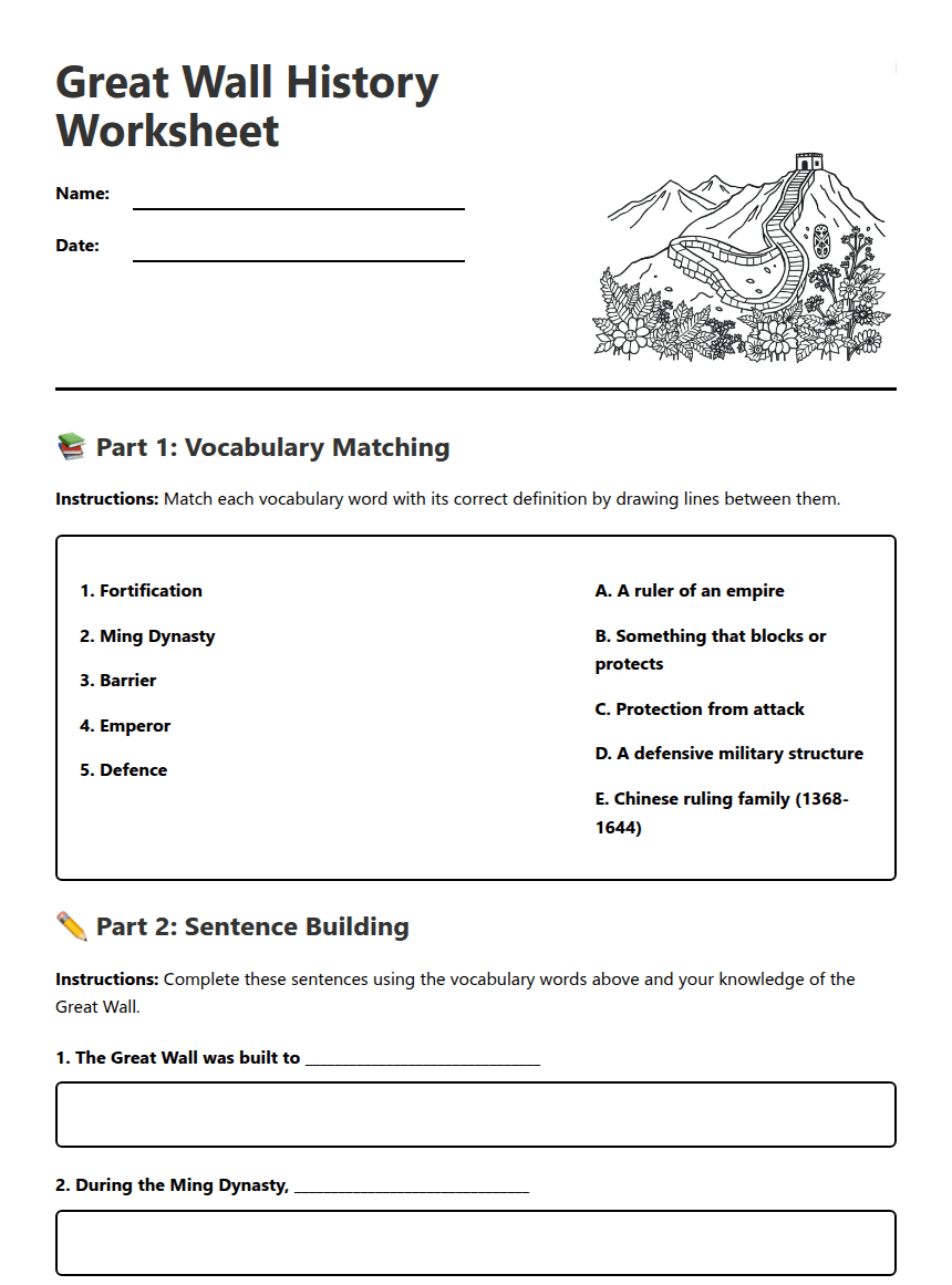 Great Wall History Worksheet worksheet preview