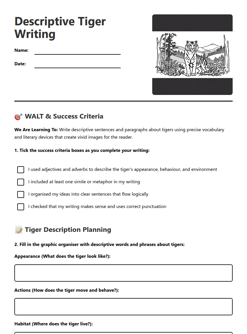 Descriptive Tiger Writing worksheet preview