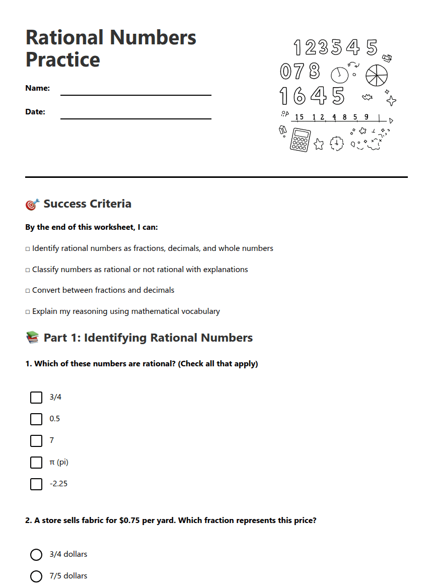 Rational Numbers Practice worksheet preview