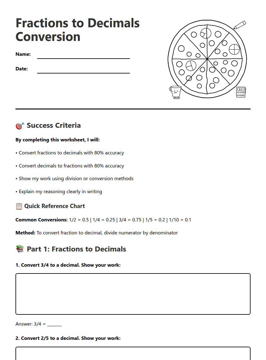 Fractions to Decimals Conversion worksheet preview