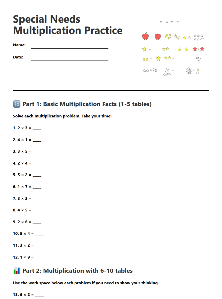 Special Needs Multiplication Practice worksheet preview