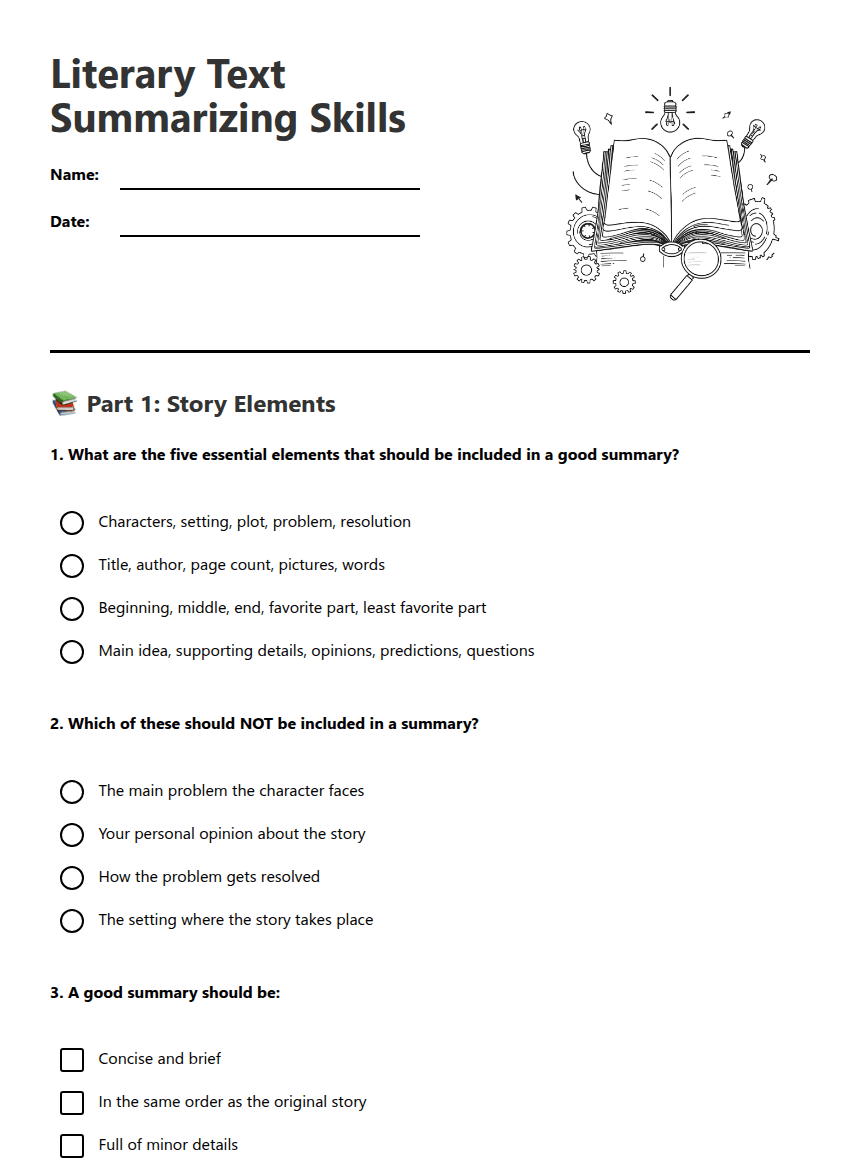 Literary Text Summarizing Skills worksheet preview