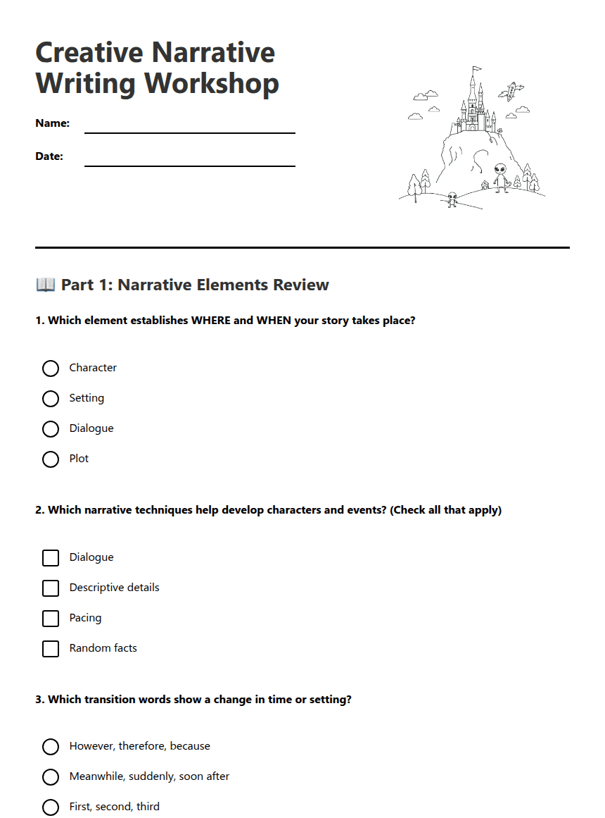 Creative Narrative Writing Workshop worksheet preview