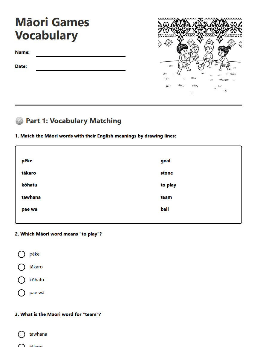 Māori Games Vocabulary worksheet preview