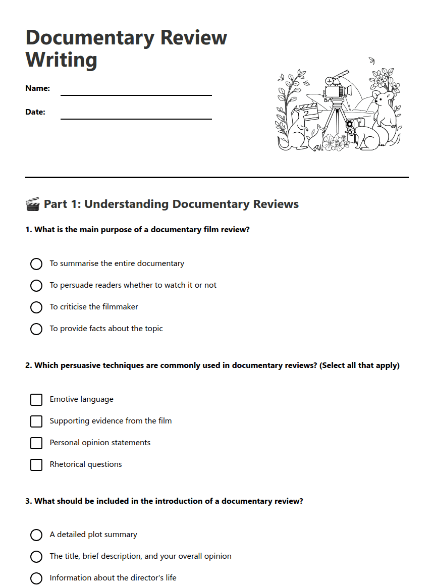 Documentary Review Writing worksheet preview