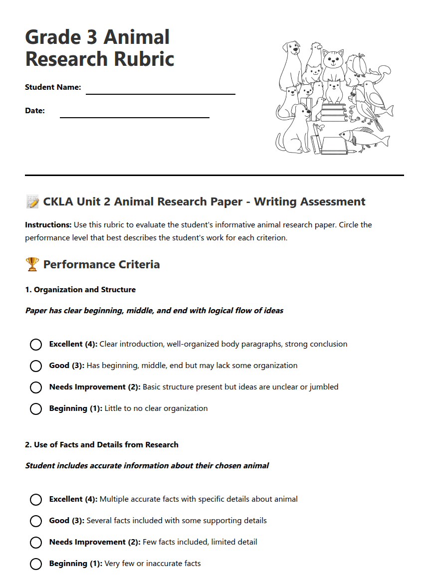 Grade 3 Animal Research Rubric worksheet preview