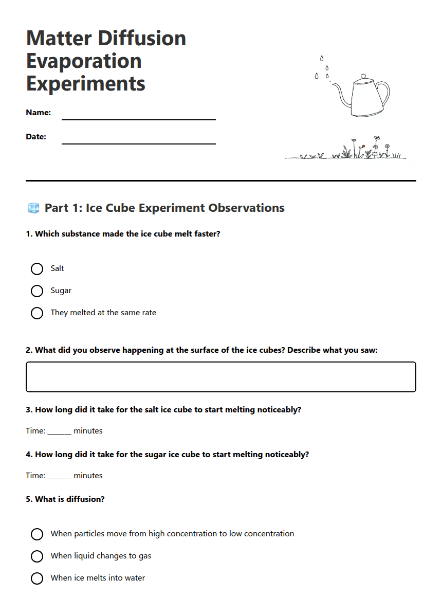 Matter Diffusion Evaporation Experiments worksheet preview