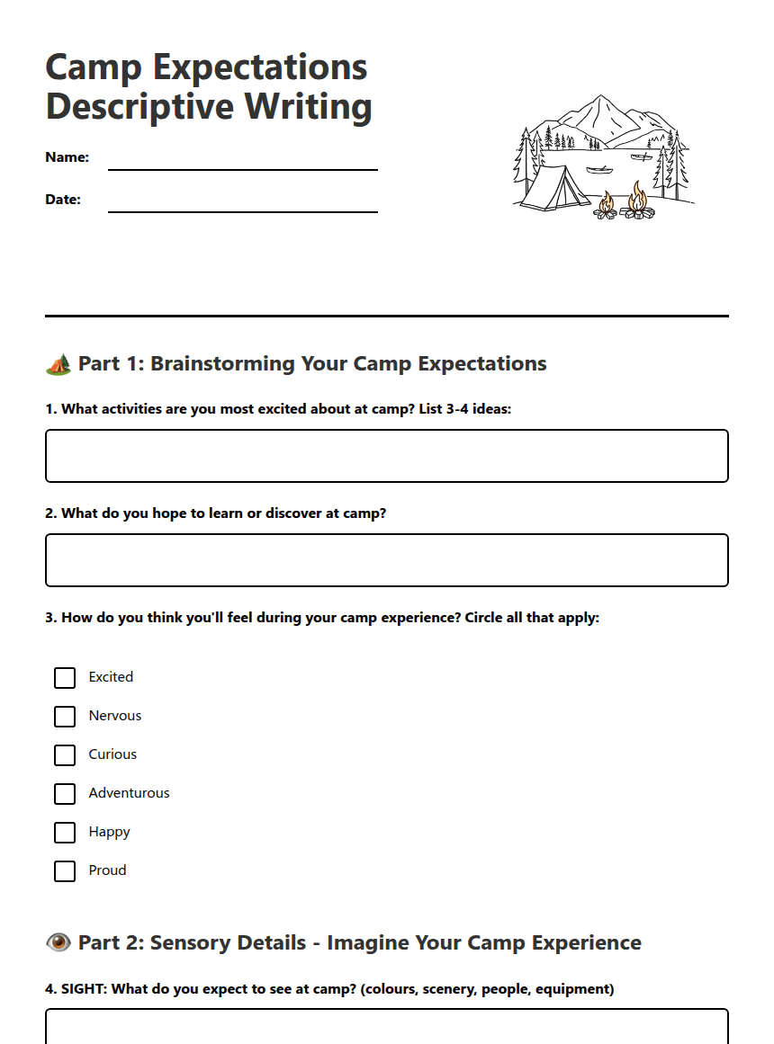 Camp Expectations Descriptive Writing worksheet preview