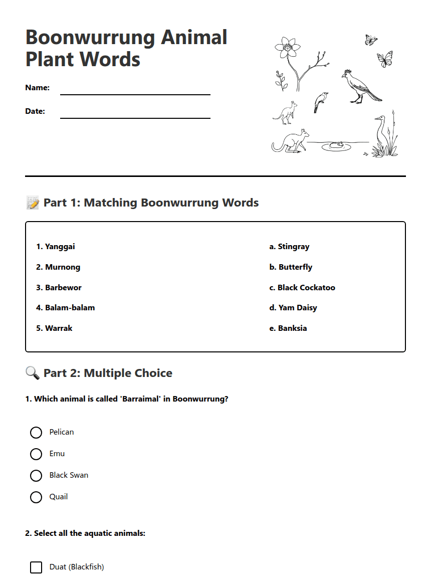 Boonwurrung Animal Plant Words worksheet preview