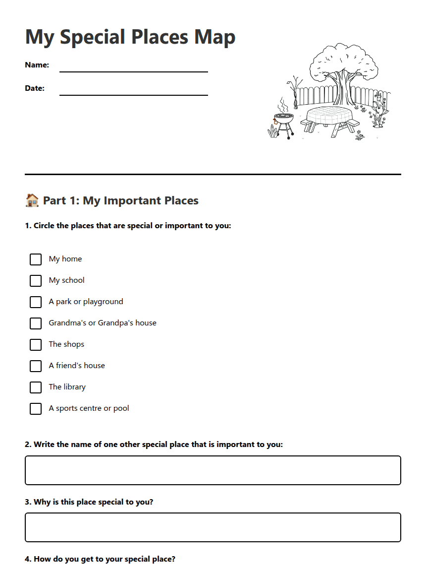 My Special Places Map worksheet preview