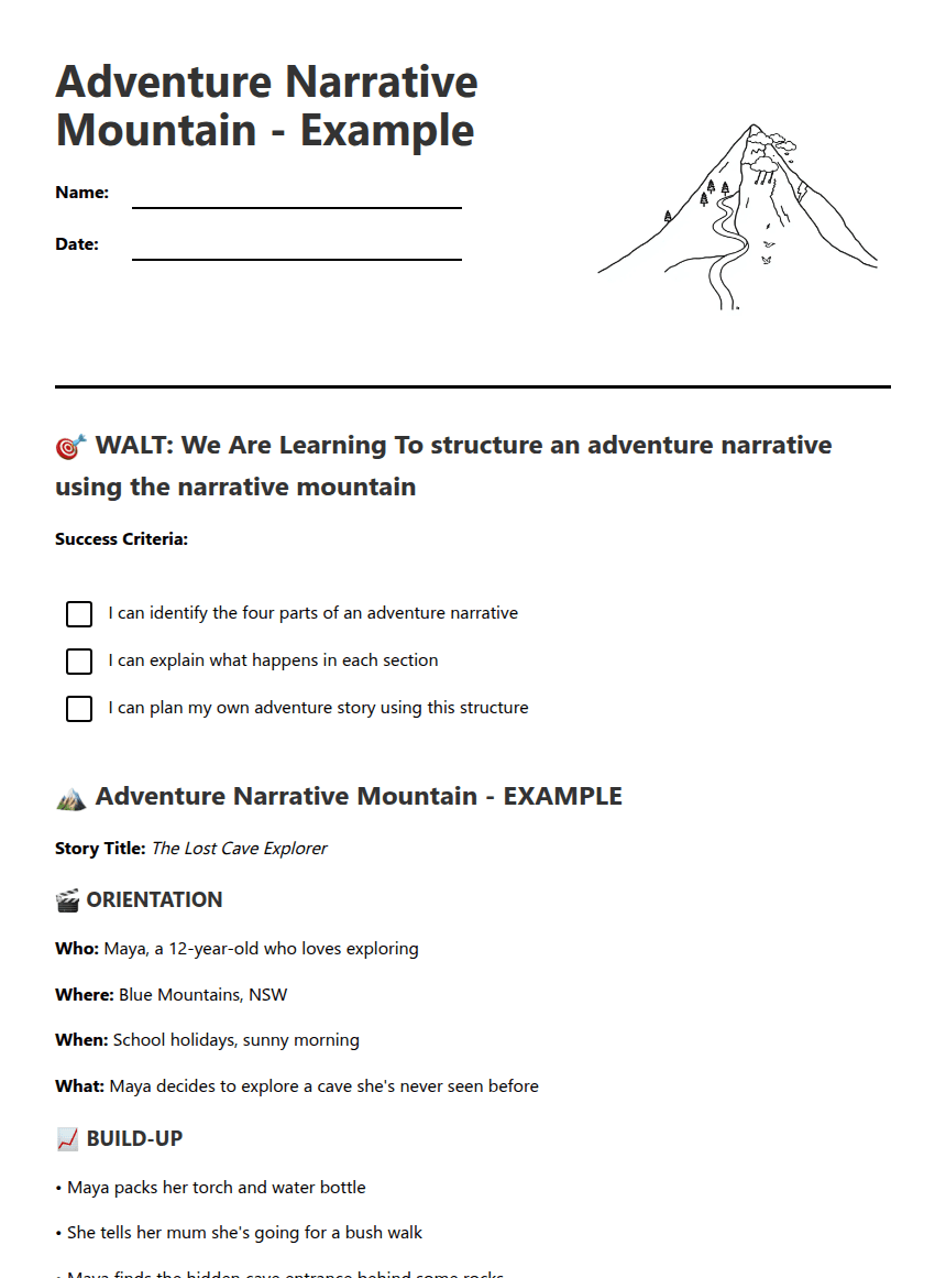 Adventure Narrative Mountain worksheet preview