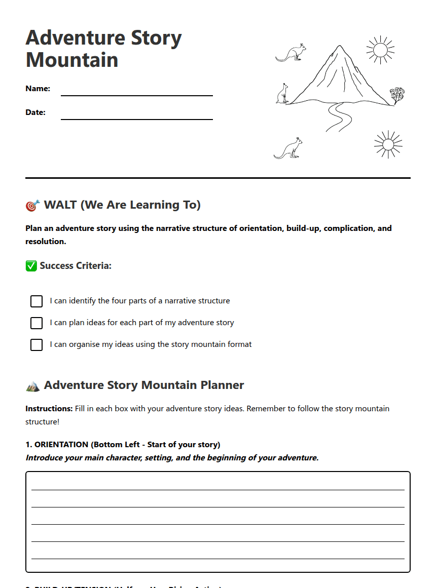 Adventure Story Mountain worksheet preview