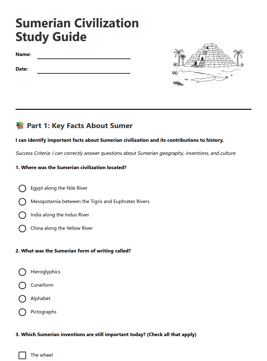 Sumerian Civilization Study Guide worksheet preview