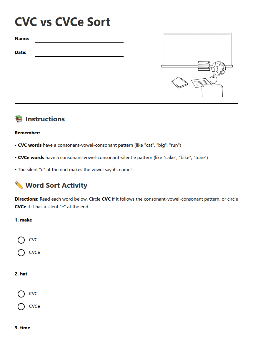 CVC vs CVCe Sort worksheet preview
