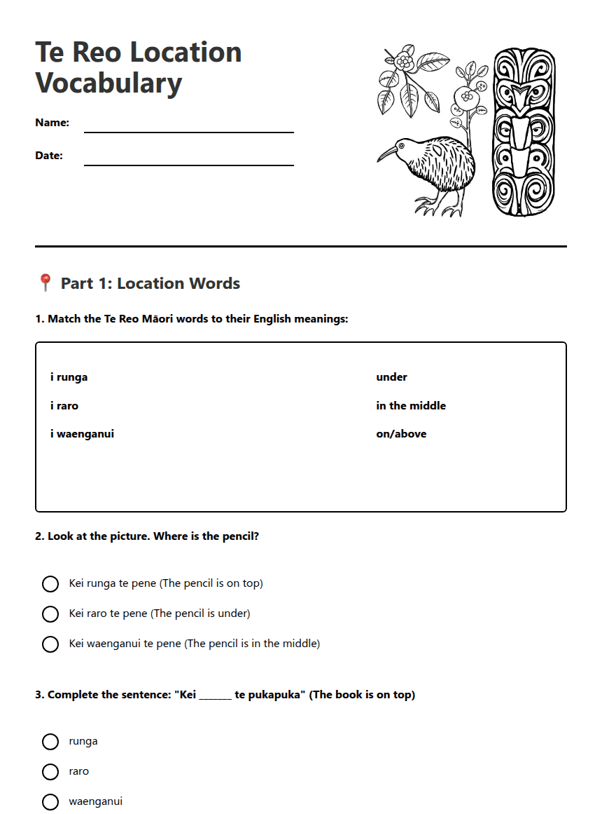 Te Reo Location Vocabulary worksheet preview