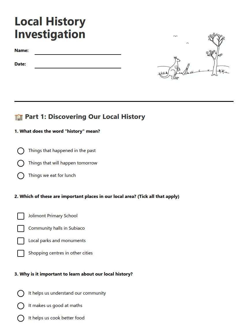 Local History Investigation worksheet preview