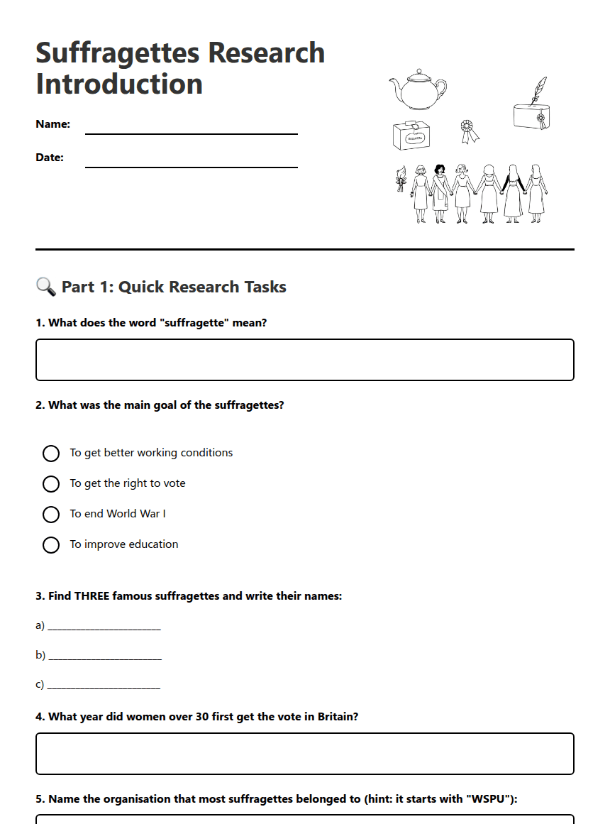 Suffragettes Research Introduction worksheet preview