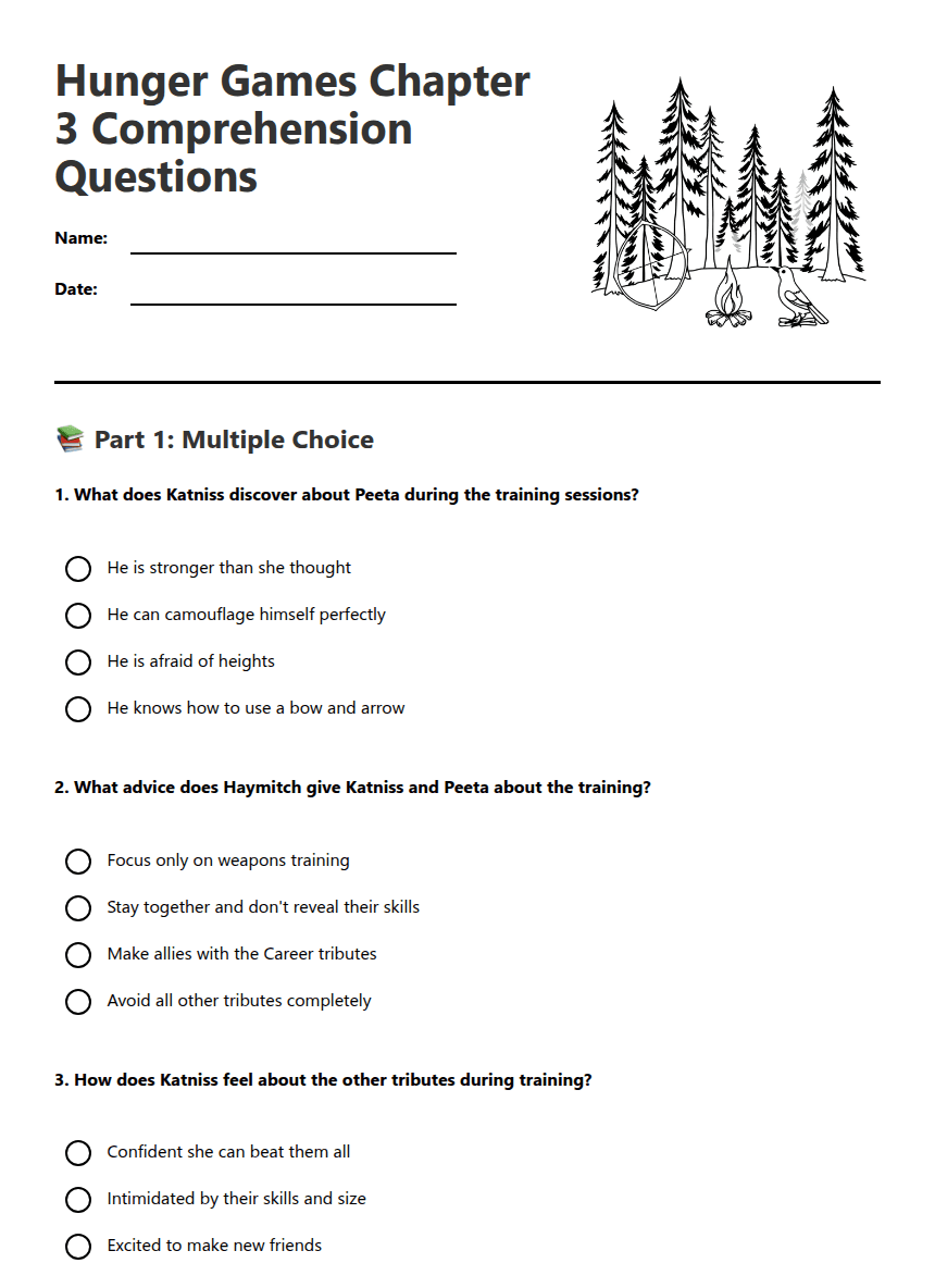 Hunger Games Comprehension Questions worksheet preview