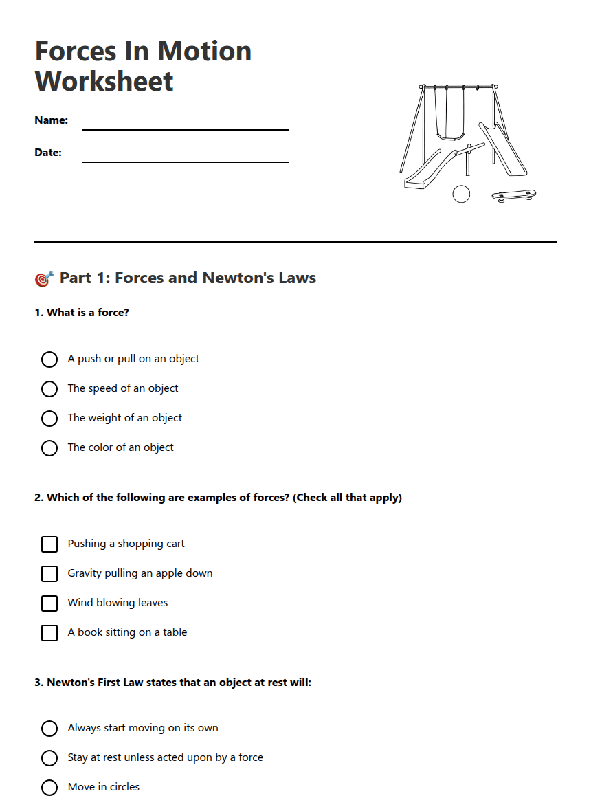 Forces In Motion Worksheet worksheet preview
