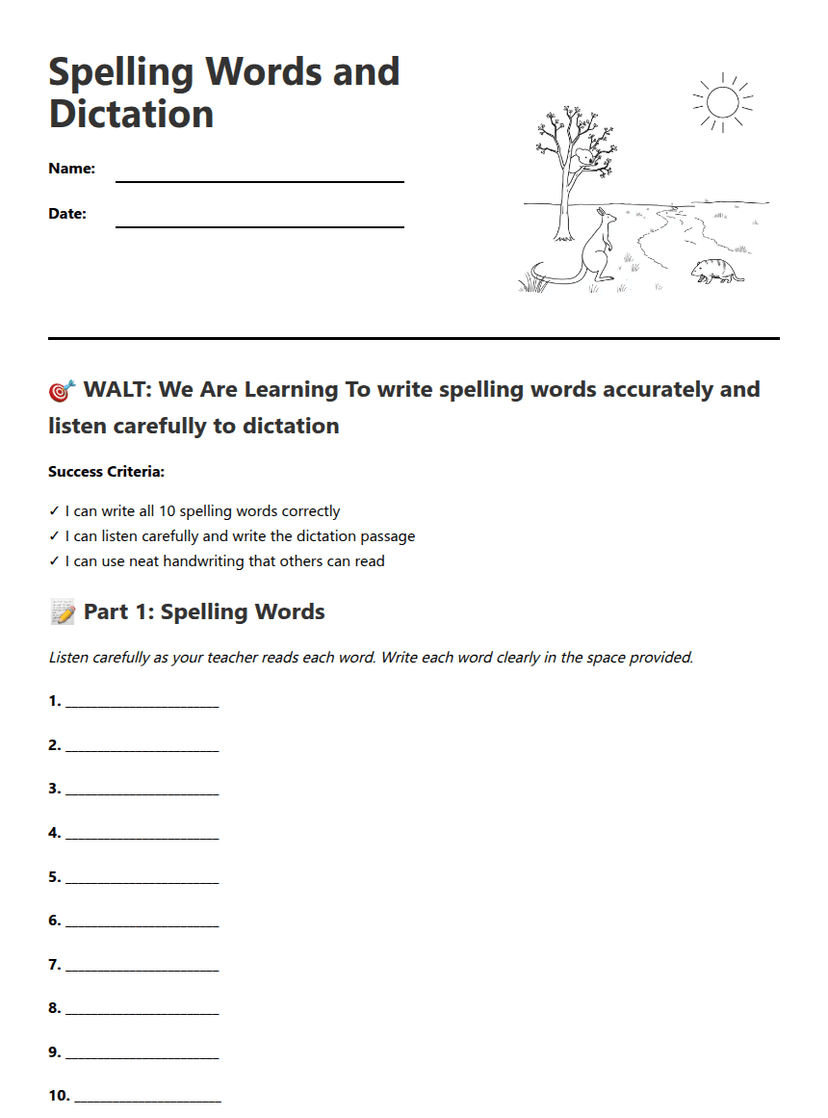 Spelling Words and Dictation