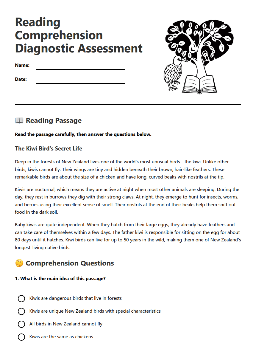 Reading Comprehension Diagnostic Assessment worksheet preview
