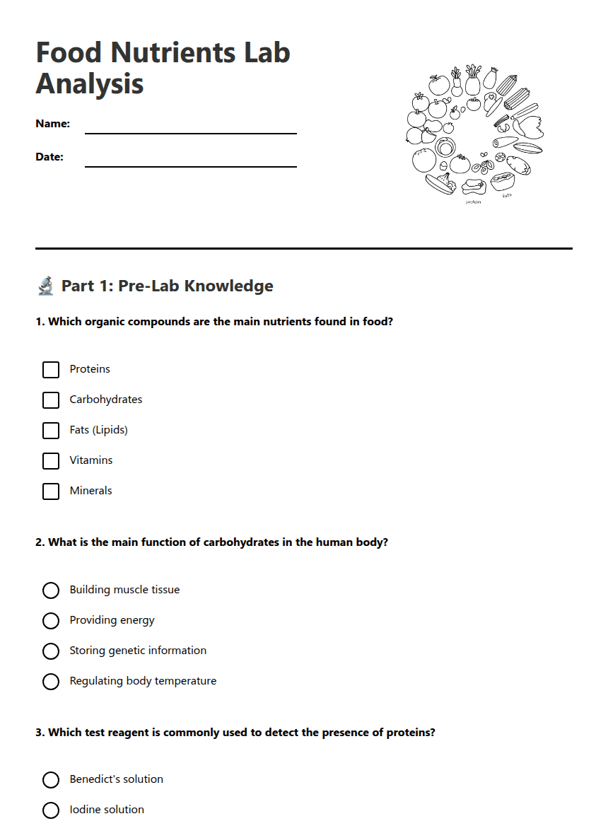 Food Nutrients Lab Analysis worksheet preview