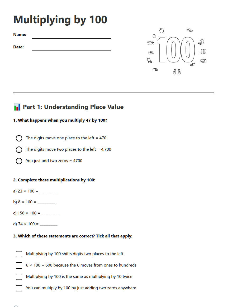 Multiplying by 100 worksheet preview