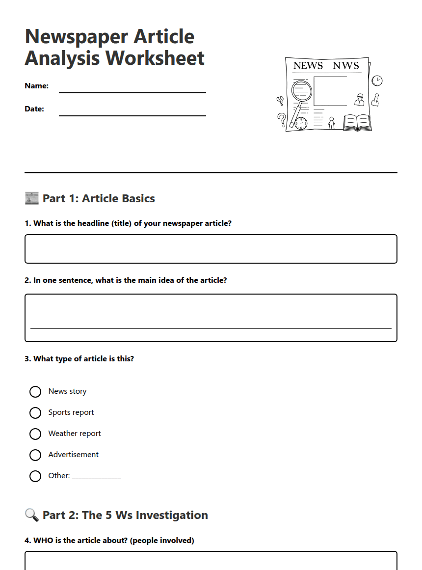 Newspaper Article Analysis Worksheet worksheet preview
