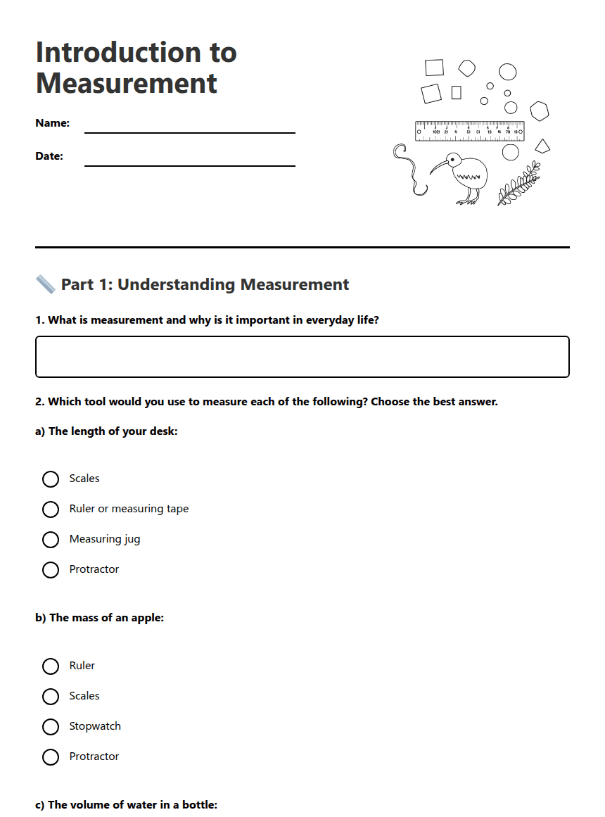 Introduction to Measurement worksheet preview