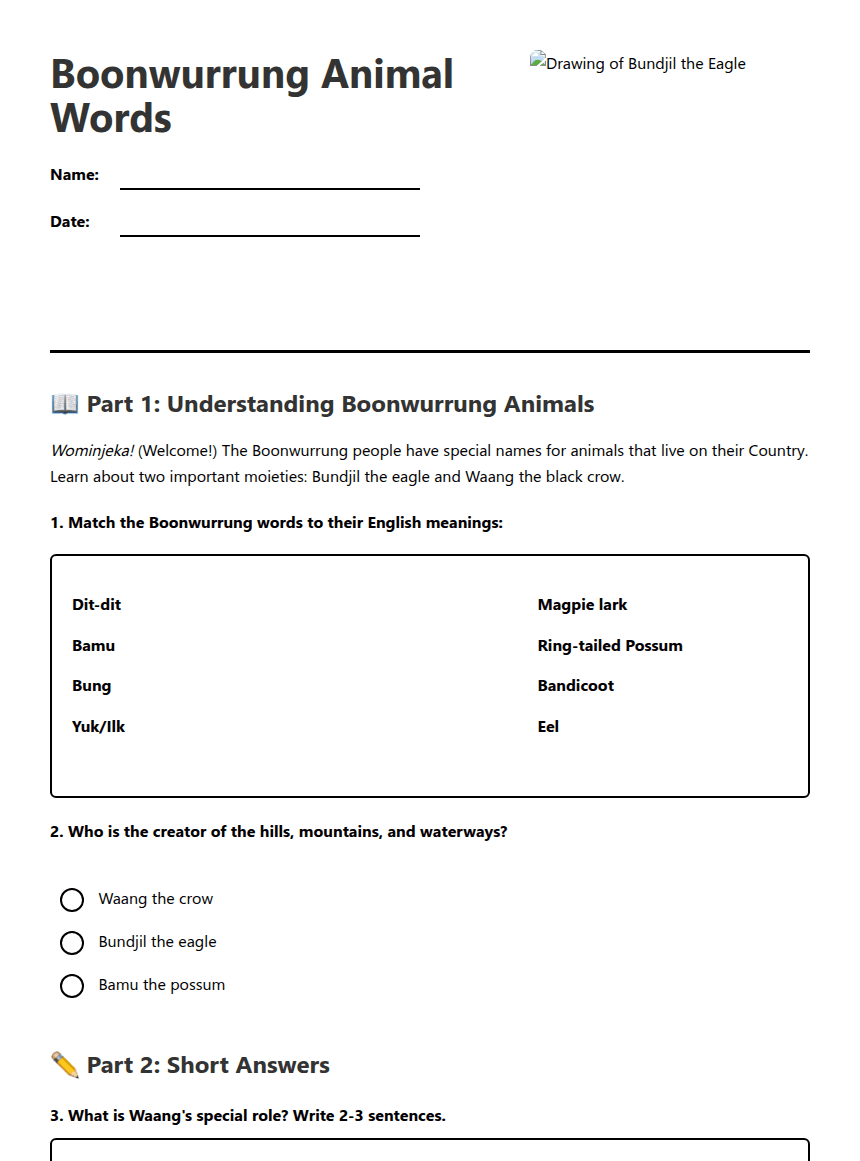 Boonwurrung Animal Words worksheet preview