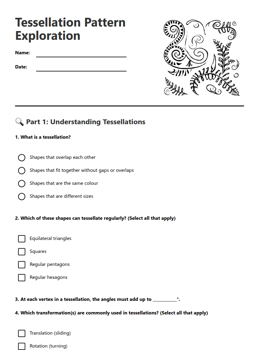 Tessellation Pattern Exploration worksheet preview