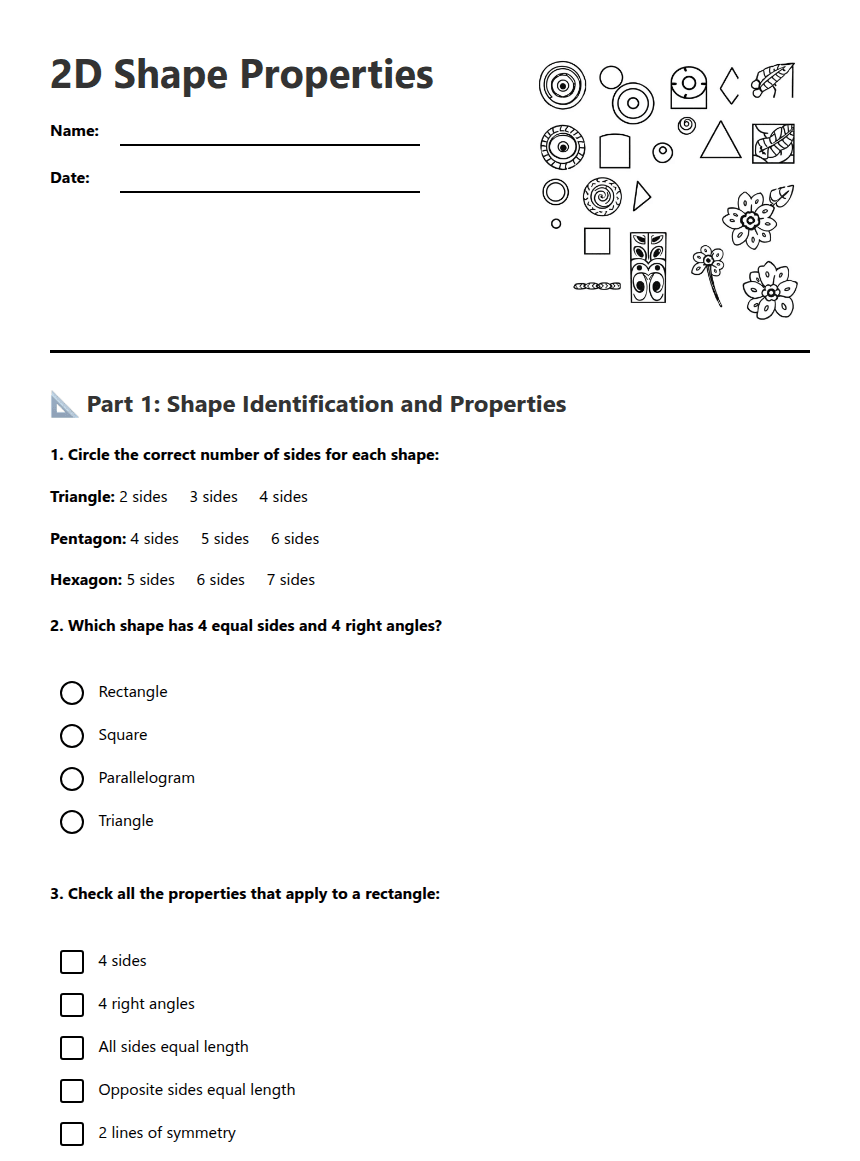 2D Shape Properties worksheet preview