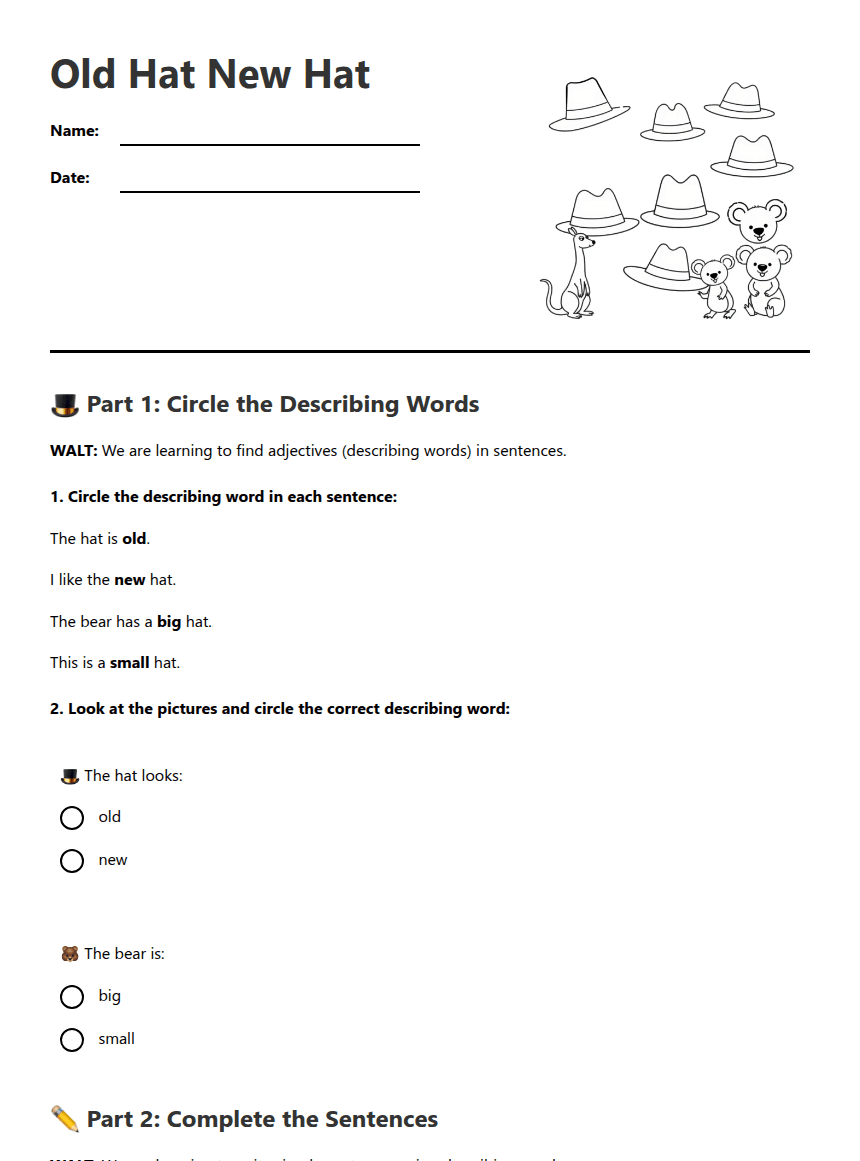 Old Hat New Hat worksheet preview