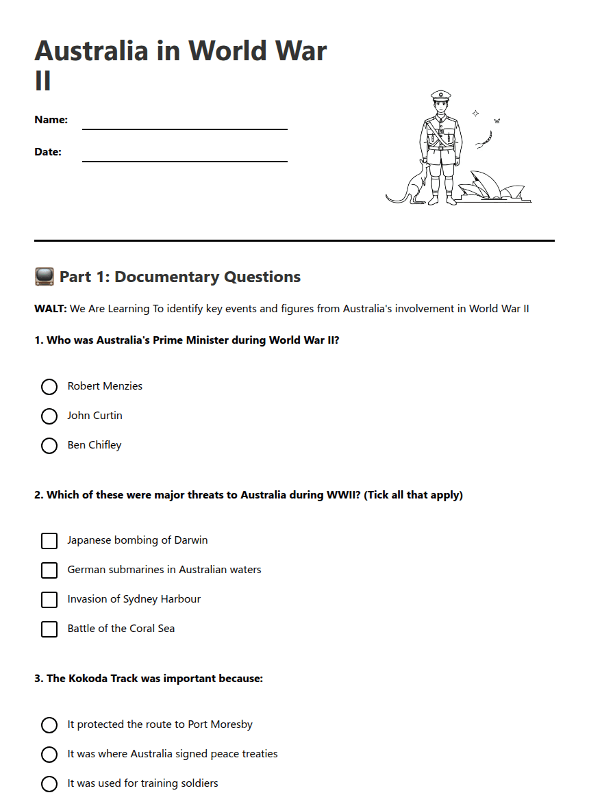 Australia in World War II worksheet preview
