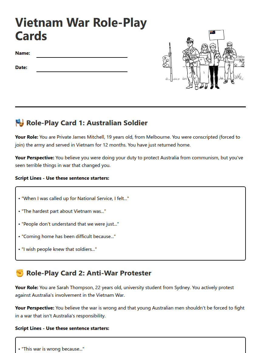 Vietnam War Role-Play Cards worksheet preview